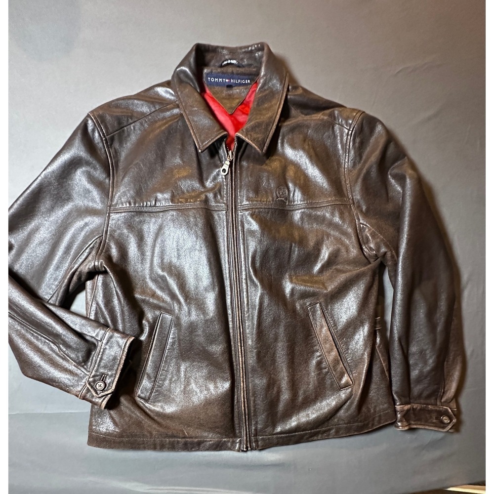 Tommy Hilfiger Mens Leather Bomber Jacket Brown Full Zip‎ Red Lining XL